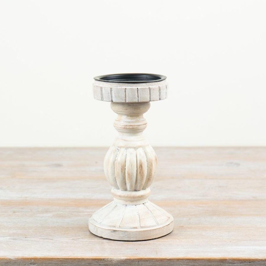 White Washed Wooden Candle Stand 20cm – Rustic Tall Candlestick Holder, Farmhouse Home Decor Accent