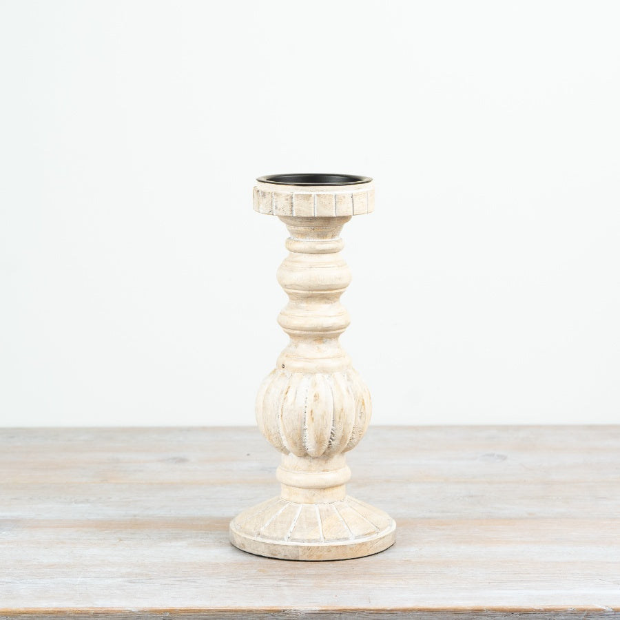 White Washed Wooden Candle Stand 30cm – Rustic Tall Candlestick Holder, Farmhouse Home Decor Accent