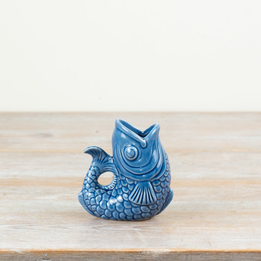 Blue Fish Jug Vase 10.6cm – Coastal Dark Blue Ceramic Pitcher, Nautical Flower Display Piece for Stylish Home Decor