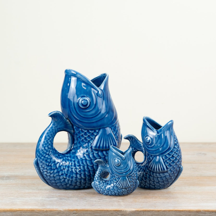 Blue Fish Jug Vase 10.6cm – Coastal Dark Blue Ceramic Pitcher, Nautical Flower Display Piece for Stylish Home Decor