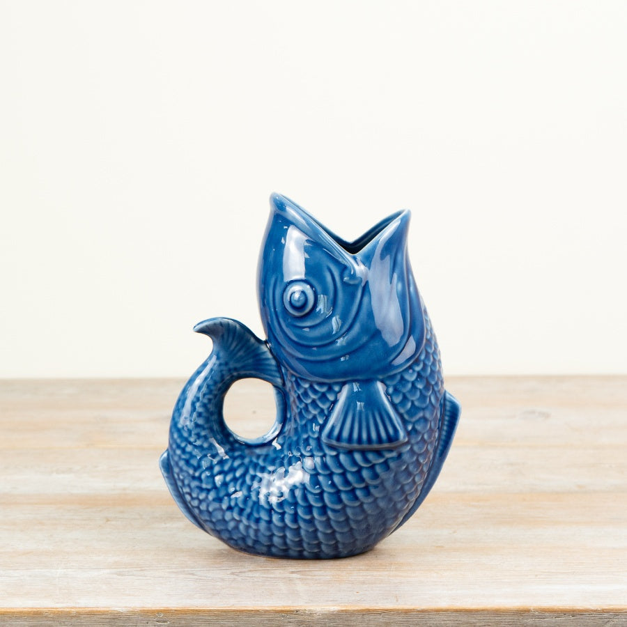 Blue Fish Jug Vase 24.7cm – Coastal Dark Blue Ceramic Pitcher, Nautical Flower Display Piece for Stylish Home Decor