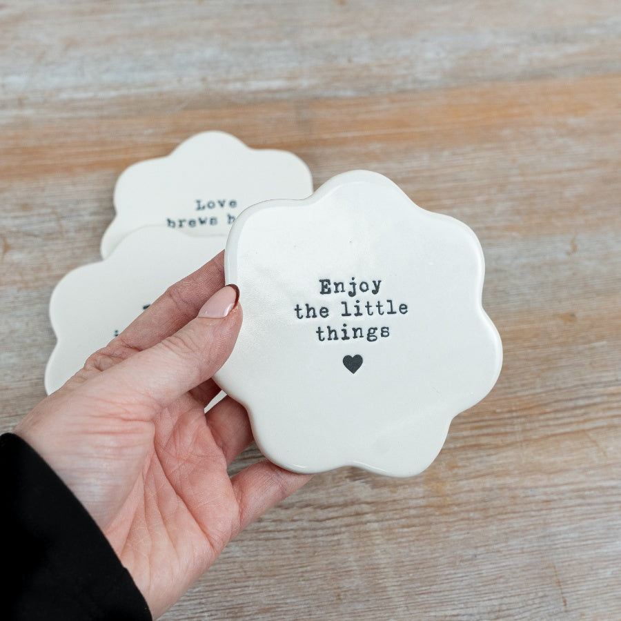 Enjoy the Little Things Flower Coaster 10cm – Inspirational Quote Drink Mat Floral Table Decor Gift for Home