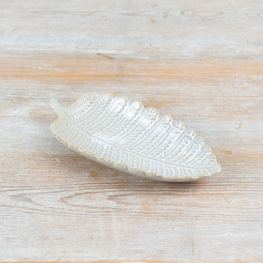 White Leaf Trinket Dish 17cm – Ceramic Jewellery Holder, Elegant Key Tray, Minimalist Home Accent for Dresser or Entryway
