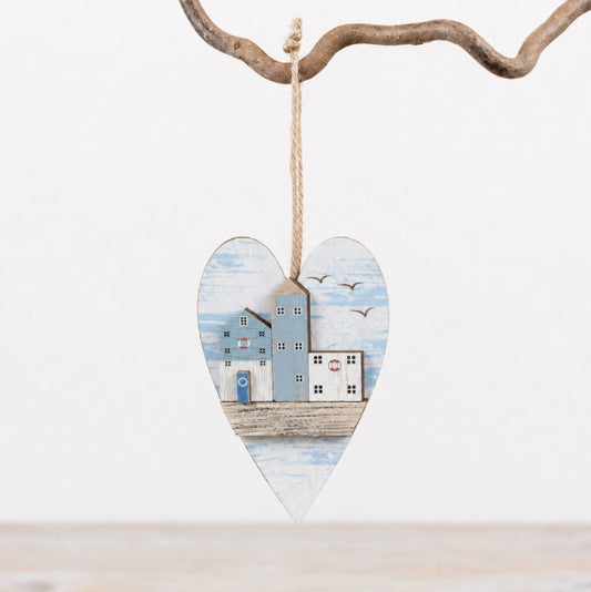 Wooden Beach Danglers Set of 2 10cm – Coastal Heart Hanging Decorations Nautical Home Decor Accent