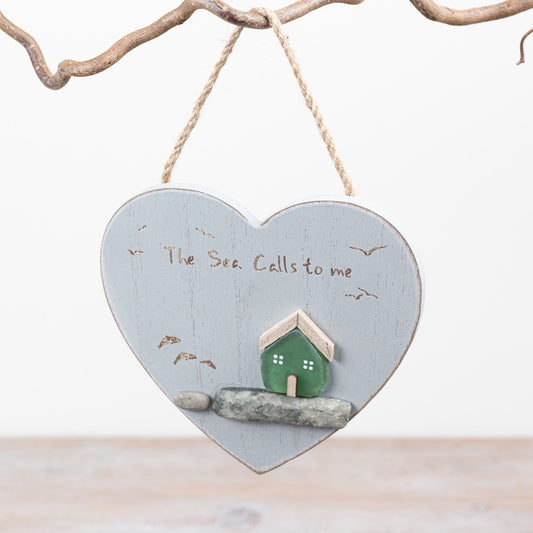 Seaside Heart Hanging Decoration 15cm – “The Sea Calls to Me” Coastal Sign, Nautical Beach House Home Decor