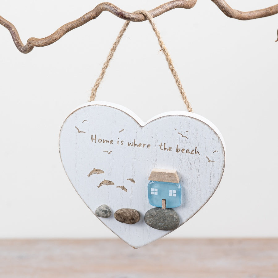 Home is Where the Beach Is Heart Hanging Decoration 14cm – Coastal Pebble Style Sign Nautical Home Decor Accent