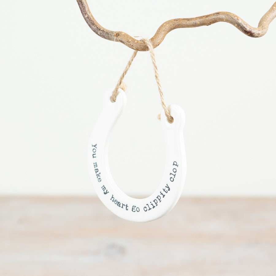 Clippity Clop Horseshoe Hanging Sign 9cm – Porcelain Equestrian Wall Decor Romantic Gift for Horse Lovers