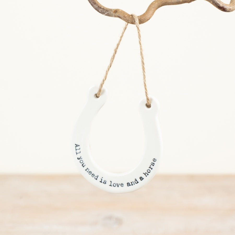 Horseshoe Hanging Sign “All You Need Is Love and a Horse” 9cm – Rustic Equestrian Decor, Gift for Horse Lovers