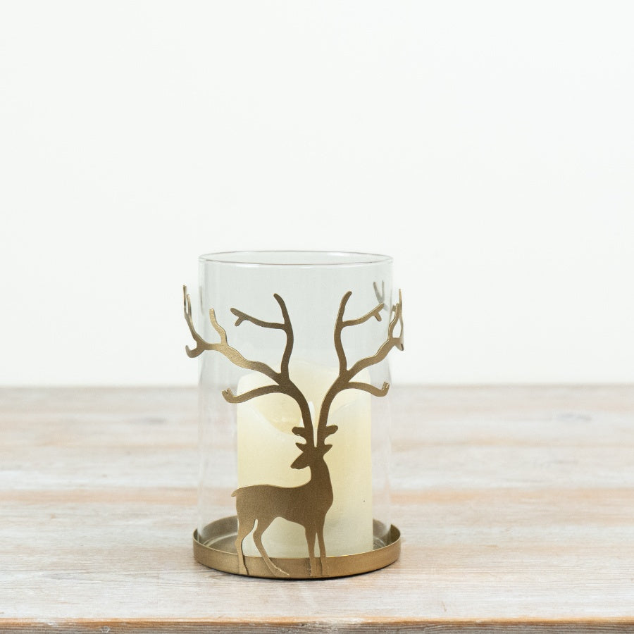 Stag Candle Holder Gold Glass Hurricane Lantern Woodland Candle Holder Rustic Home Décor 15cm