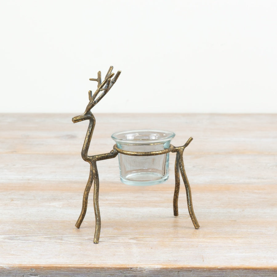 Gold Reindeer T-Light Holder Antique Gold Metal Candle Holder Rustic Christmas Home Décor 15.5cm