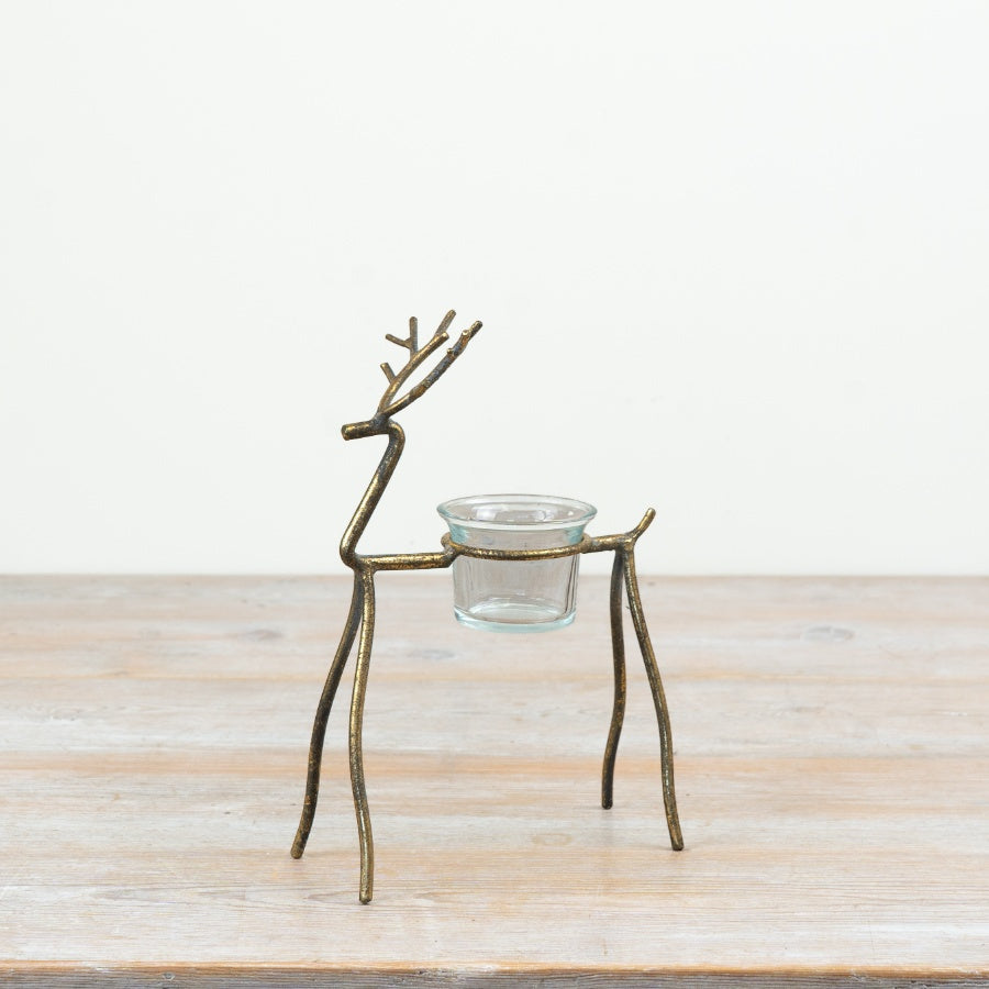 Gold Reindeer T-Light Holder Antique Gold Metal Stag Candle Holder Christmas Home Décor 21cm