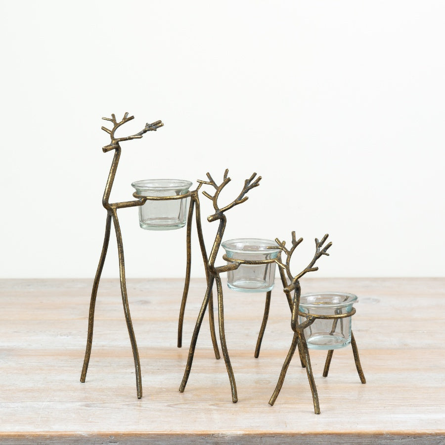 Gold Reindeer T-Light Holder Antique Gold Metal Stag Candle Holder Christmas Home Décor 21cm