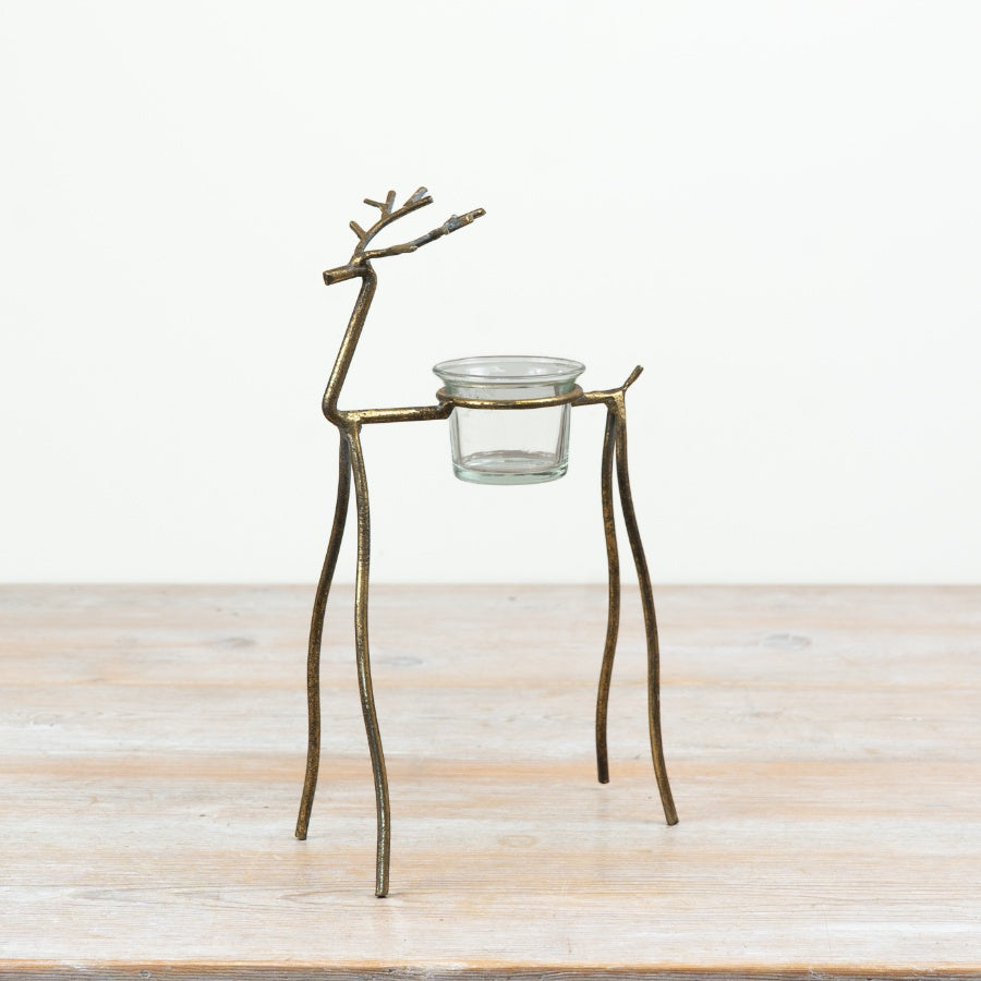Gold Reindeer T-Light Holder Antique Gold Metal Reindeer Candle Holder Christmas Home Décor 28cm