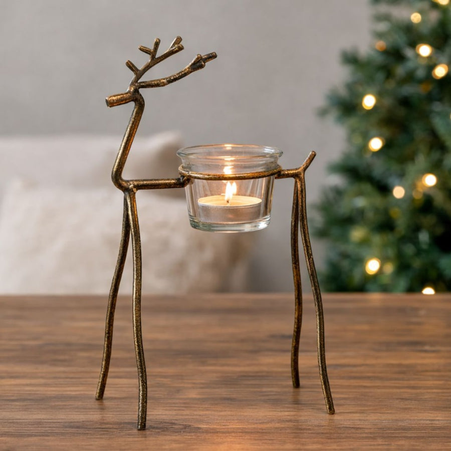 Gold Reindeer T-Light Holder Antique Gold Metal Reindeer Candle Holder Christmas Home Décor 28cm