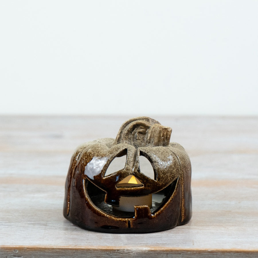 12cm Brown Glazed Jack O’Lantern Tealight Holder
