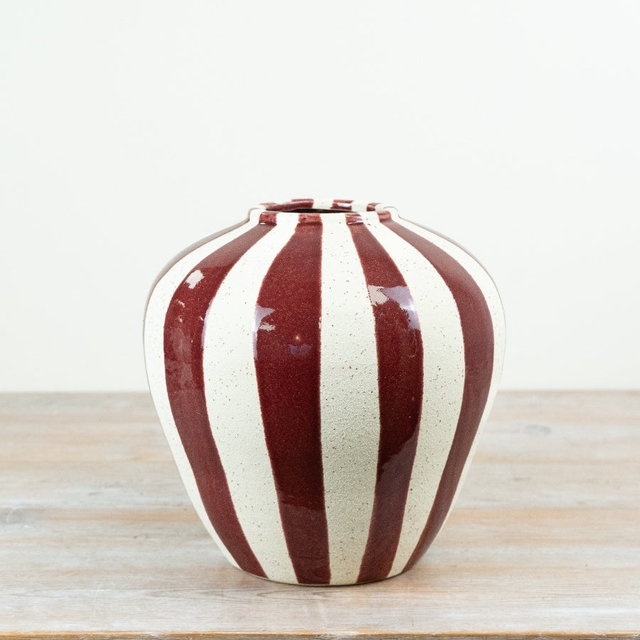The Margot Vase Striped Ceramic Vase Red & Neutral Decorative Flower Vase Modern Home Décor 27cm