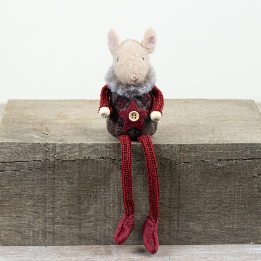 Burgundy Tartan Sitting Mouse Fabric Mouse Ornament Christmas Decoration Knitted Shelf Sitter Festive Home Décor 27cm Item #79022