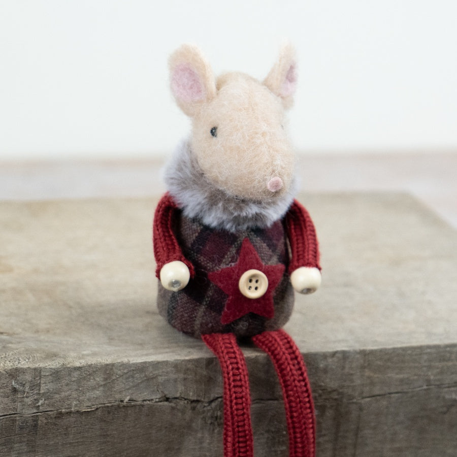 Burgundy Tartan Sitting Mouse Fabric Mouse Ornament Christmas Decoration Knitted Shelf Sitter Festive Home Décor 27cm Item #79022