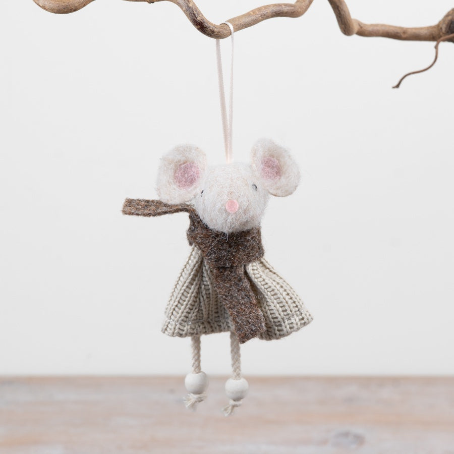 Festive Mouse Hanging Decoration Knitted Style Mouse Ornament Christmas Hanging Décor Neutral Tones 15cm Item #79030