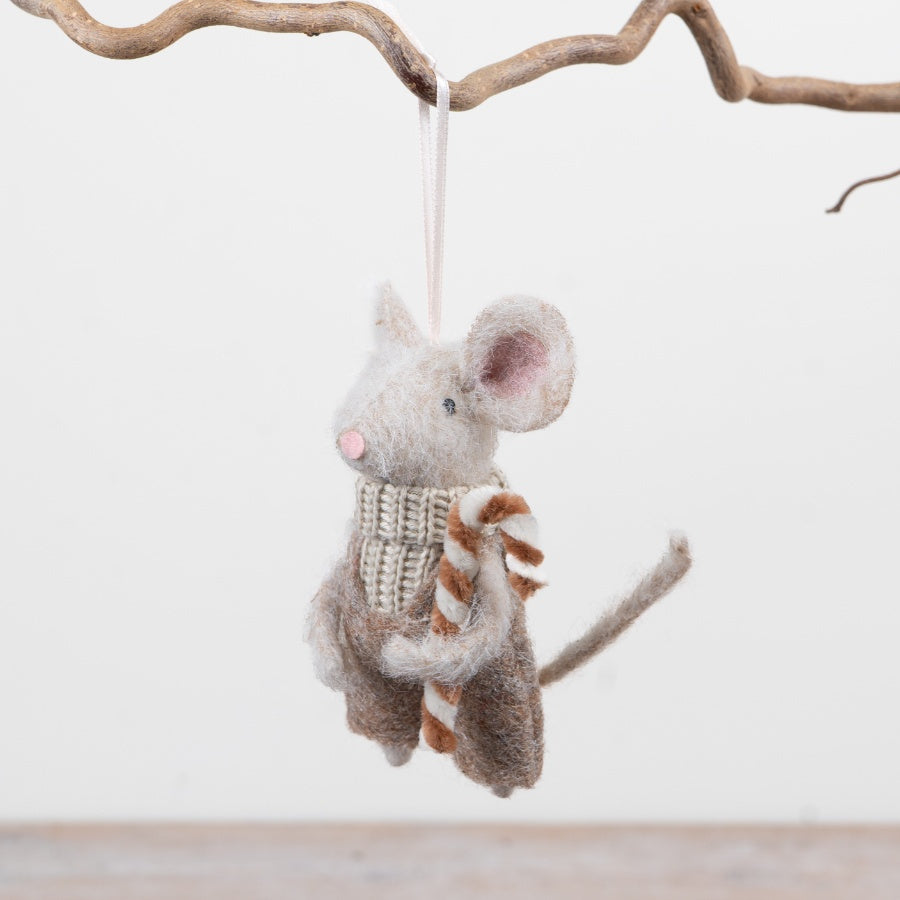 Festive Mouse Hanging Decoration Neutral Mouse Ornament Knitted Scarf Candy Cane Christmas Décor 12x6x18cm Item #79031