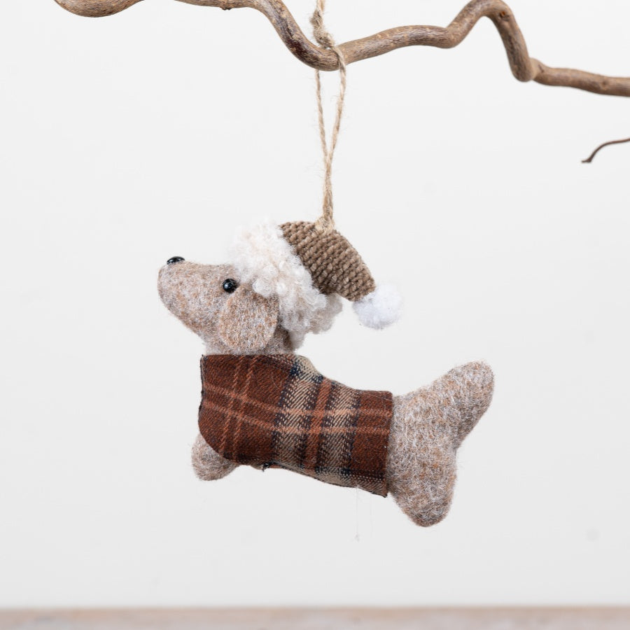 Felt Dog Hanging Decoration Plaid Coat Winter Hat Christmas Dog Ornament Neutral Festive Home Décor 11x9cm Item #79032