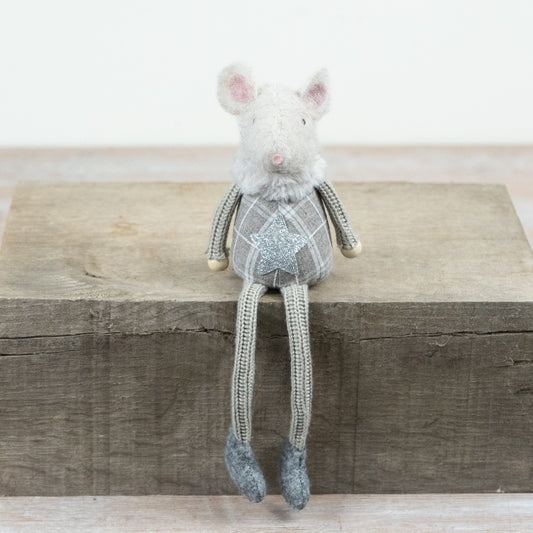 Sitting Mouse with Tartan Top Felt Mouse Ornament Tartan Christmas Decoration Knitted Shelf Sitter 27cm Item #79043