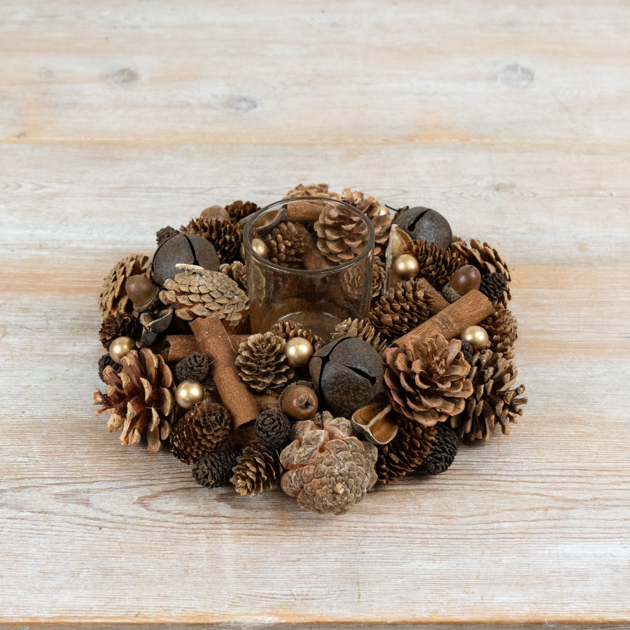 Festive Pinecone and Foliage T-Light Holder Natural Christmas Candle Centrepiece Seasonal Home Décor 24cm Item #79109