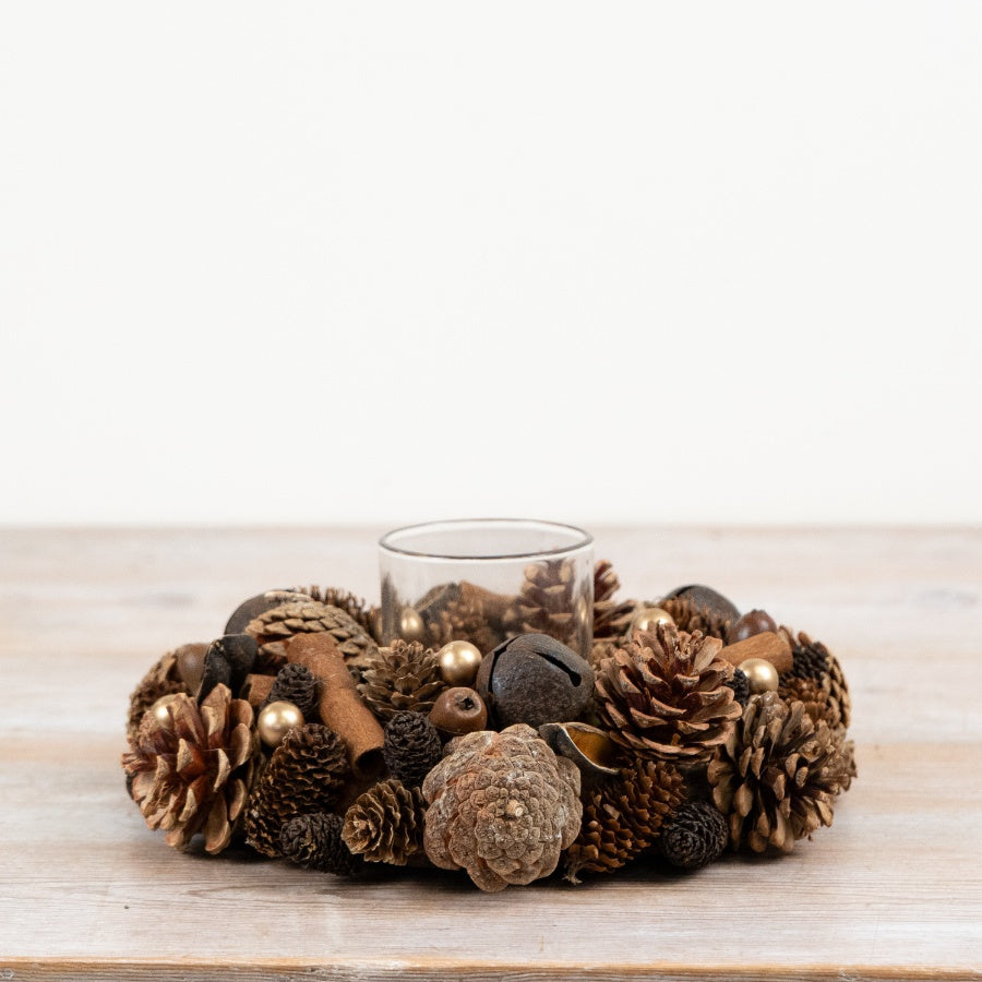 Festive Pinecone and Foliage T-Light Holder Natural Christmas Candle Centrepiece Seasonal Home Décor 24cm Item #79109