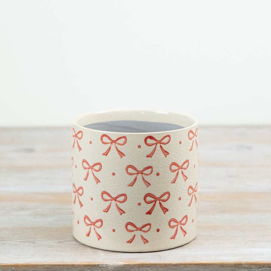 Bow Detail Planter 14cm – Pink & Cream Ceramic Plant Pot, Cute Decorative Indoor Planter for Modern Home Styling