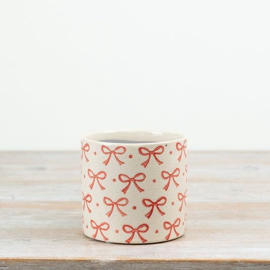 Bow Detail Planter 11.7cm – Pink & Cream Ceramic Plant Pot, Cute Decorative Indoor Planter for Modern Home Styling