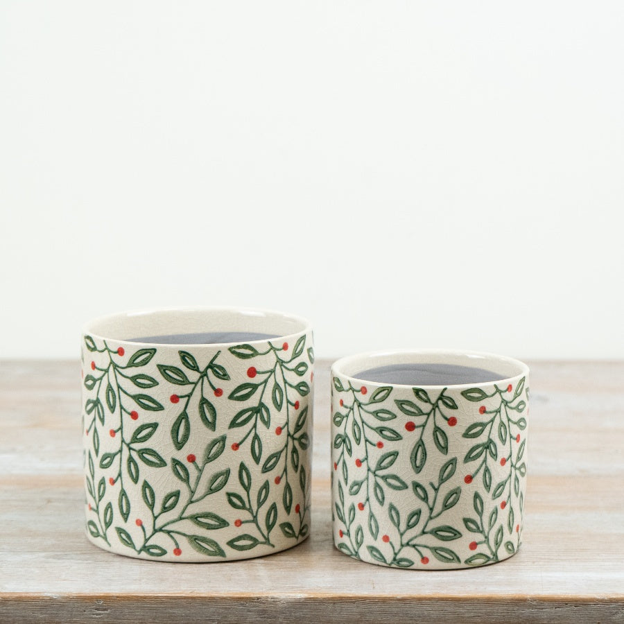 Festive Foliage Planter 14cm – Christmas Ceramic Plant Pot with Berry & Leaf Pattern, Seasonal Home Decor Gift