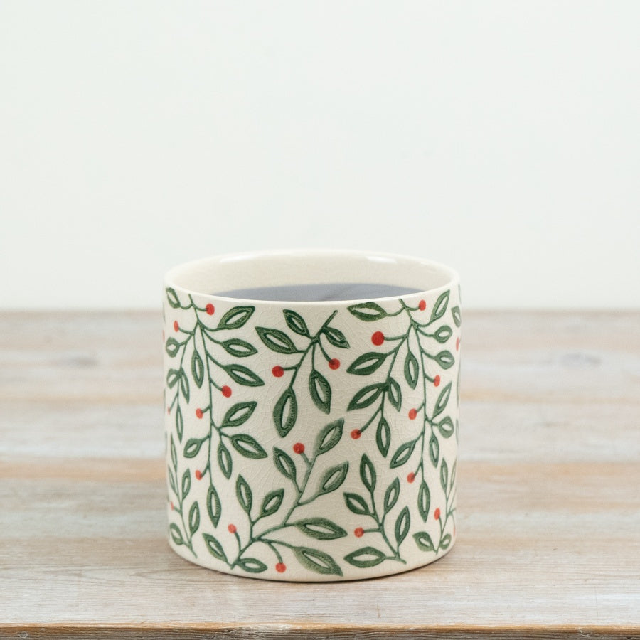 Festive Foliage Planter 14cm – Christmas Ceramic Plant Pot with Berry & Leaf Pattern, Seasonal Home Decor Gift