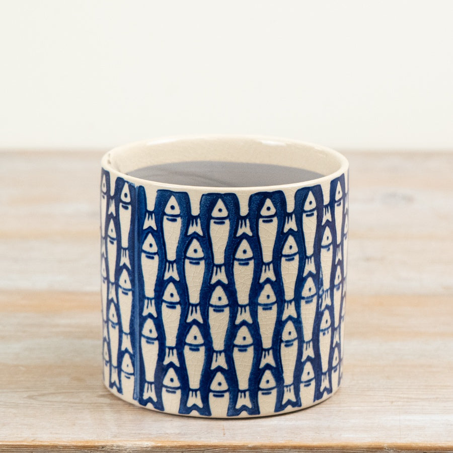 Blue Fish Planter 14cm – Nautical Ceramic Plant Pot, Coastal Pattern Indoor Planter for Succulents & Home Styling