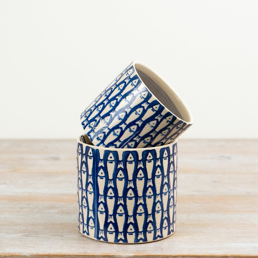 Blue Fish Planter 11.7cm – Nautical Ceramic Plant Pot, Coastal Pattern Indoor Planter for Succulents & Home Styling