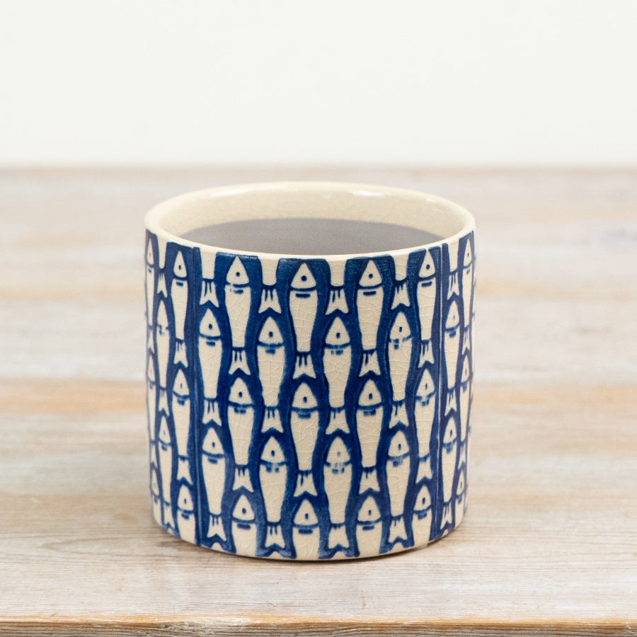 Blue Fish Planter 11.7cm – Nautical Ceramic Plant Pot, Coastal Pattern Indoor Planter for Succulents & Home Styling