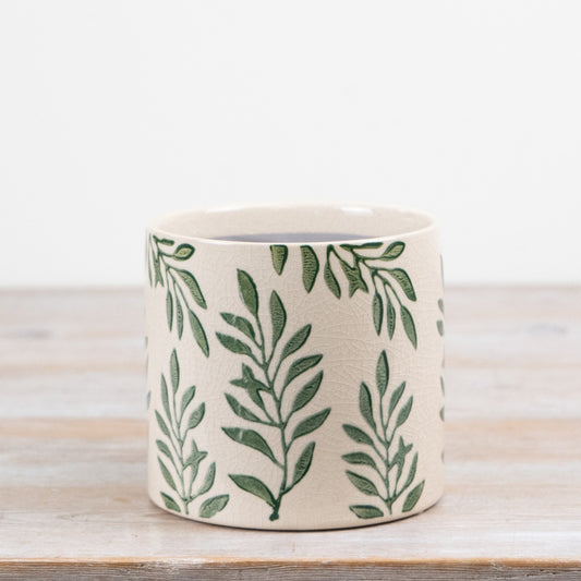 Ceramic Foliage Planter 14cm – Cracked Glaze Plant Pot, Neutral Botanical Indoor Planter for Succulents & Home Styling