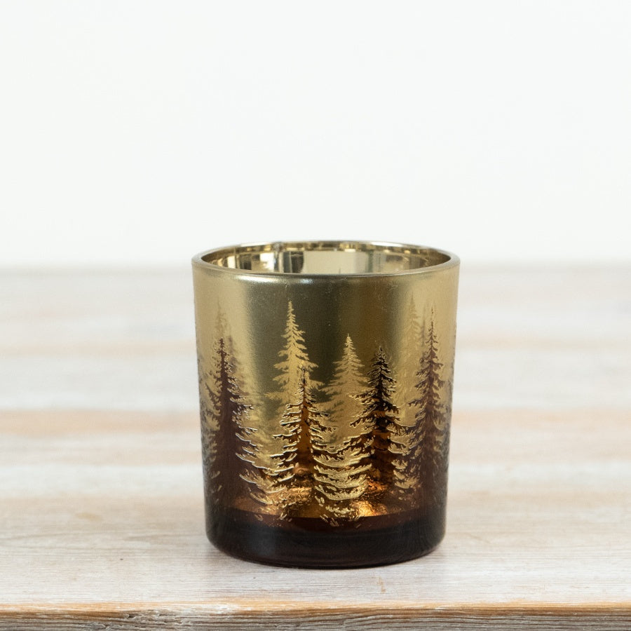 Gold Glass Tealight Holder with Tree Design Gold Glass Candle Holder Christmas Tree T-Light Holder Festive Home Décor 8cm Item #79225