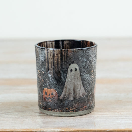 Spooky Halloween Glass Candle Holder Ghost & Pumpkin Woodland T-Light Holder Seasonal Home Décor 8cm Item #79237