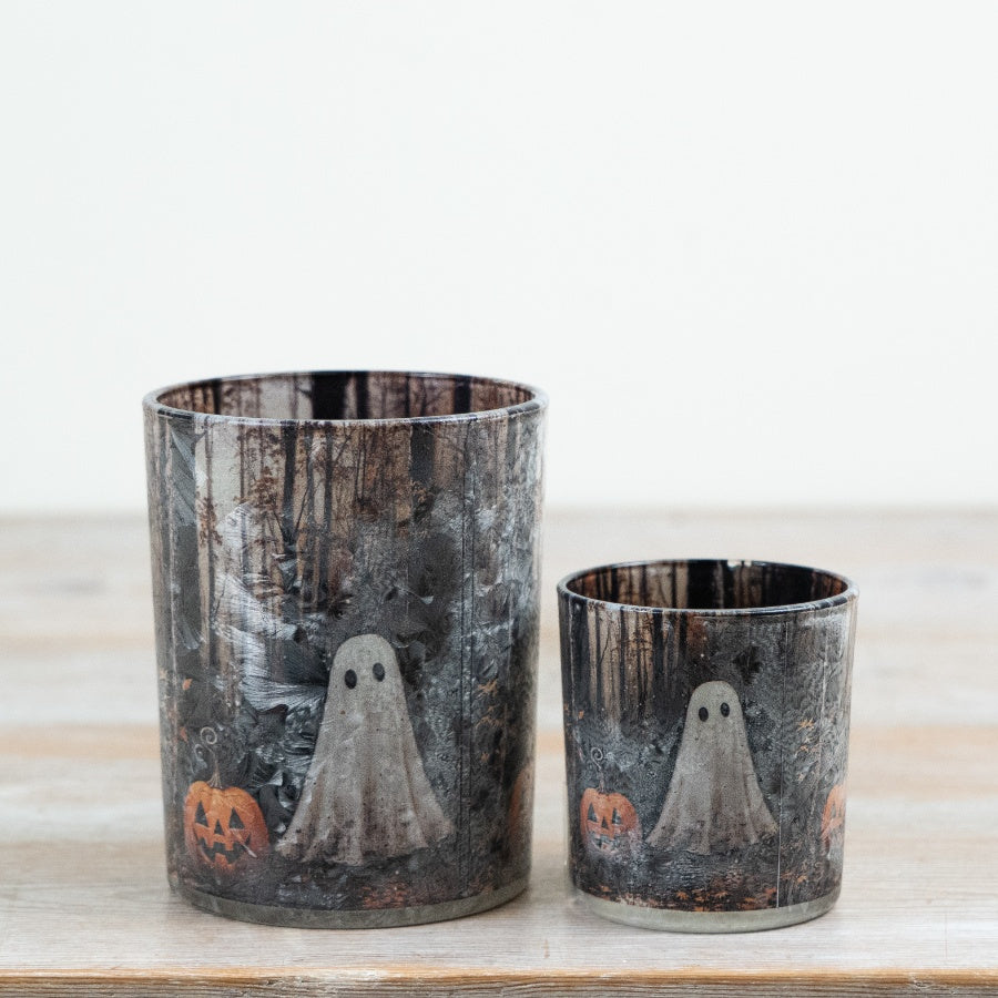 Spooky Halloween Glass Candle Holder Ghost & Pumpkin Woodland T-Light Holder Seasonal Home Décor 8cm Item #79237