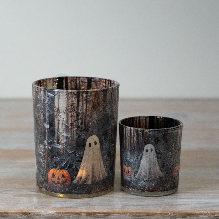 Spooky Halloween Glass Candle Holder Ghost & Pumpkin Woodland T-Light Holder Seasonal Home Décor 8cm Item #79237