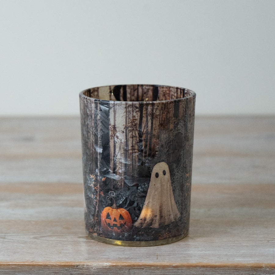 Spooky Halloween Glass Candle Holder Ghost & Pumpkin Woodland T-Light Holder Seasonal Home Décor 12.5cm Item #79238