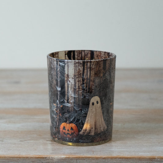 Spooky Halloween Glass Candle Holder Ghost & Pumpkin Woodland T-Light Holder Seasonal Home Décor 12.5cm Item #79238