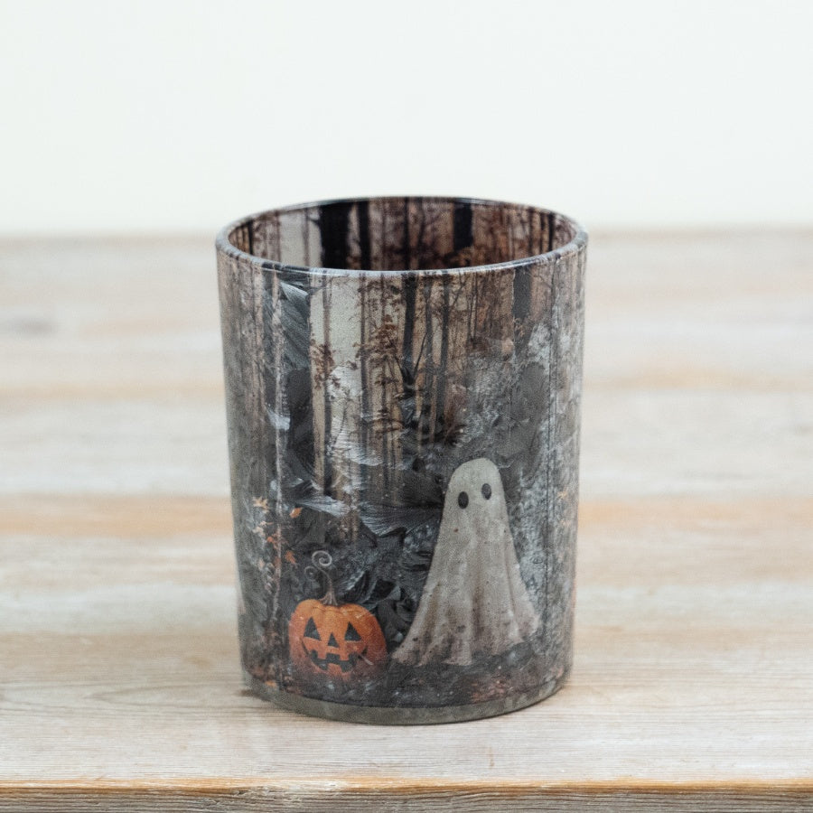 Spooky Halloween Glass Candle Holder Ghost & Pumpkin Woodland T-Light Holder Seasonal Home Décor 12.5cm Item #79238