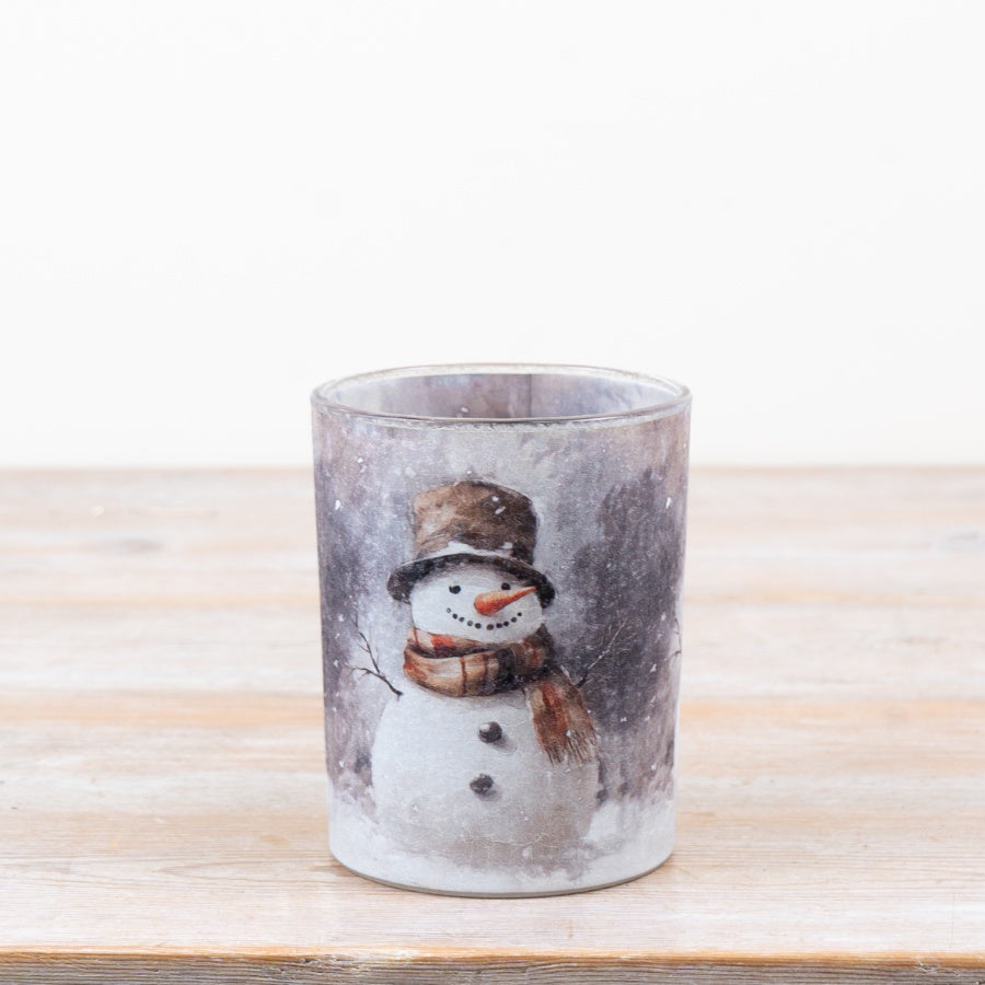 Snowman Tea Light Holder Frosted Glass Snowman Candle Holder Winter Tealight Holder Festive Home Décor 12.5x10cm Item #79240
