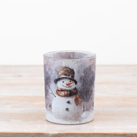 Snowman Tea Light Holder Frosted Glass Snowman Candle Holder Winter Tealight Holder Festive Home Décor 12.5x10cm Item #79240