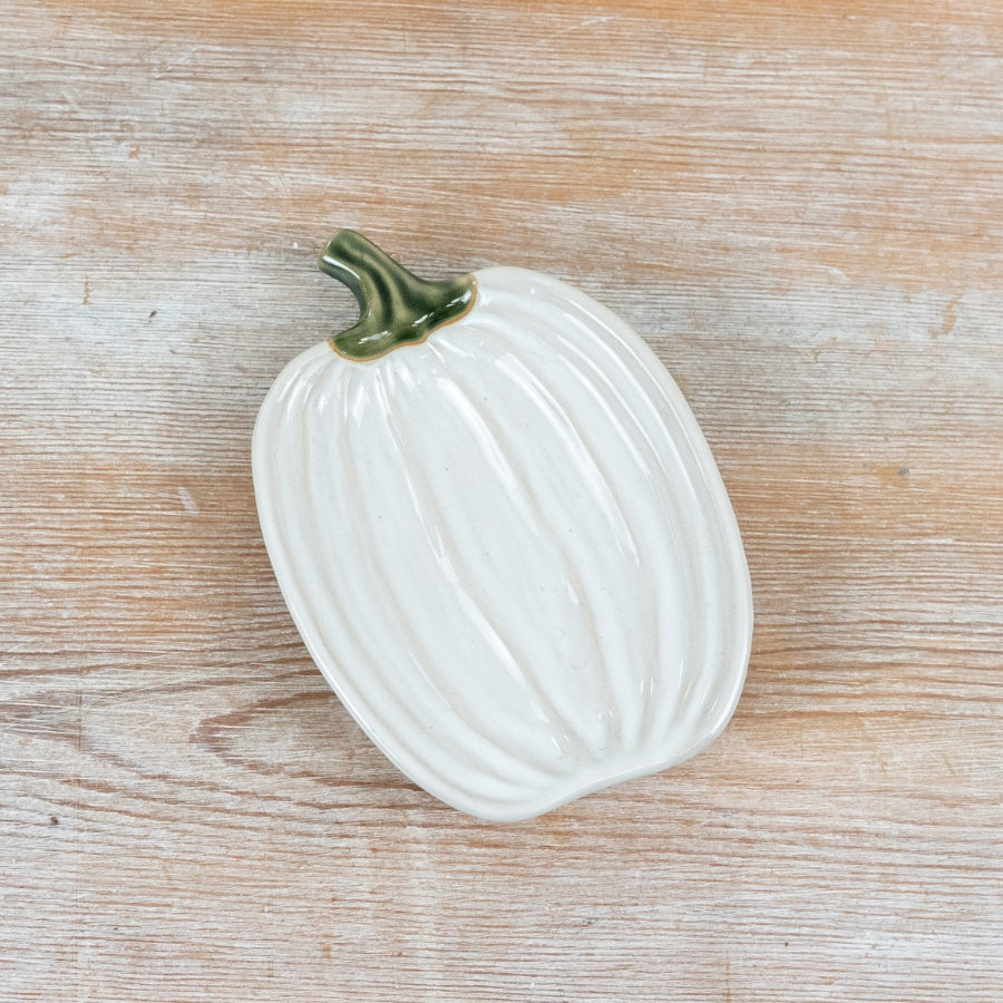 Ceramic Pumpkin Trinket Dish Neutral Glazed Jewellery Holder Green Stem Autumn Home Décor 12.9cm Item #79291
