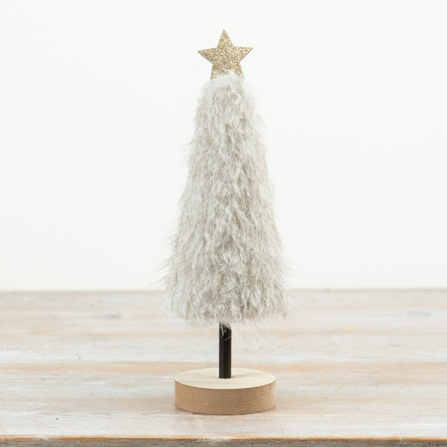 Neutral Fluffy Wooden Tree Christmas Tree Decoration Soft Fabric Ornament Natural Base Scandinavian Festive Décor 33cm Item #79313