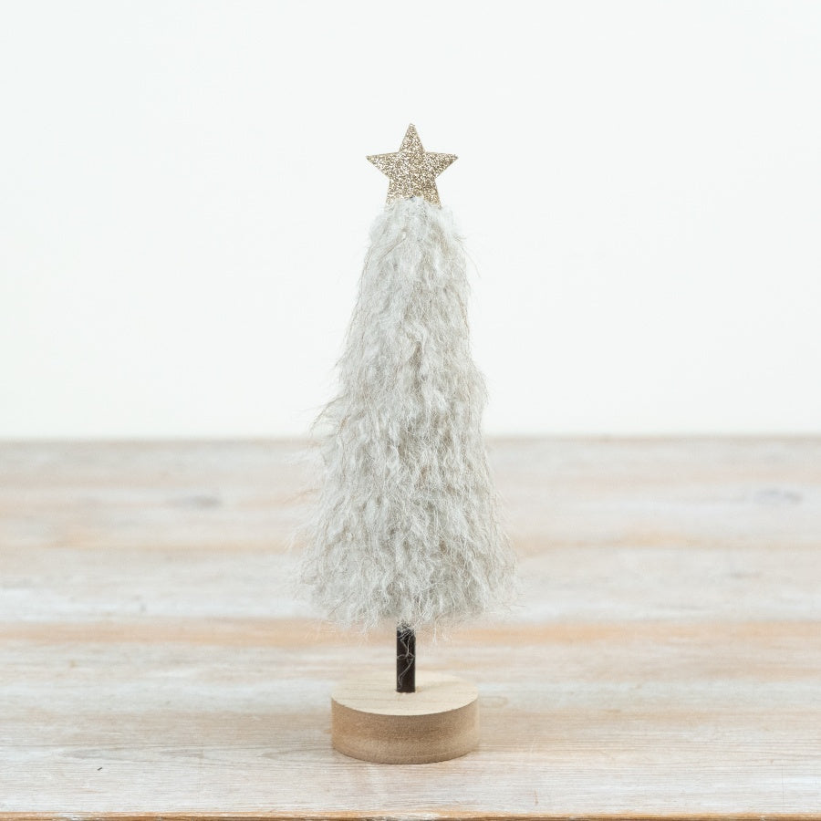Neutral Fluffy Tree Christmas Tree Decoration Soft Fabric Ornament Wooden Base Scandinavian Festive Décor 25cm Item #79314