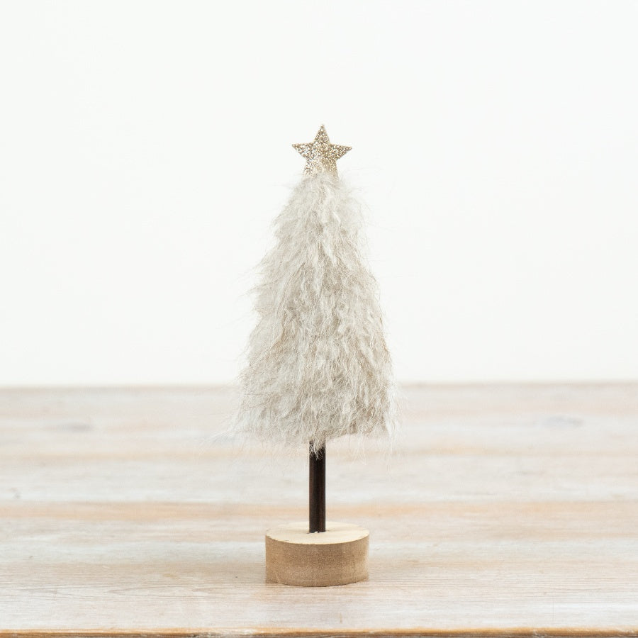Neutral Fluffy Wooden Tree Christmas Decoration Scandinavian Festive Ornament Wooden Base Star Topper 20cm Item #79315