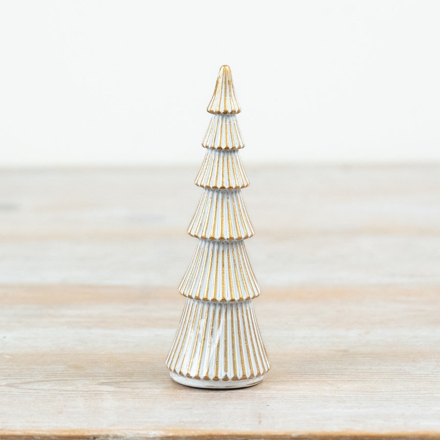 Whitewash & Gold Trim Tree Ornament Polyresin Christmas Tree Decoration Whitewashed Festive Home Décor 13cm Item #79327